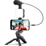 Kit Vlogging Profesional Linomag&reg; pentru filmari video Youtube, TikTok, Telecomanda bluetooth, Trepied pliabil tip pistol, Lampa LED, Microfon, Compat