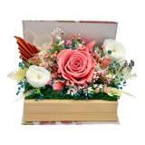 Aranjament floral personalizabil, Eventissimi, cutie cadou, carte, trandafirI criogenatI si plante uscate multicolor, Eventissimi&reg;