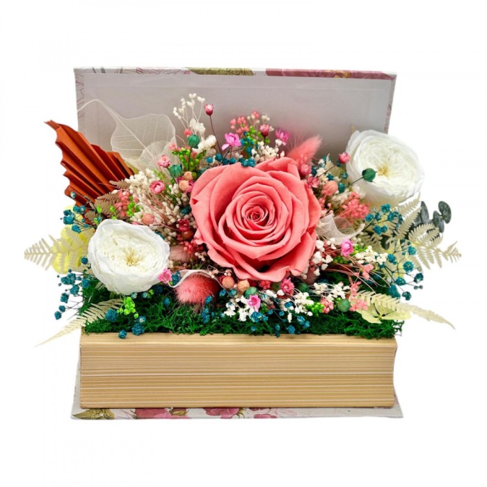 Aranjament floral personalizabil, Eventissimi, cutie cadou, carte, trandafirI criogenatI si plante uscate multicolor