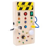 Jucarie Educativa Montessori pentru Copii, Flippy, Model Busy Board, Tableta din Lemn cu Circuit Luminos, 36 Comutatoare, Lumini LED, 19,5 x 9,7 x 3 c