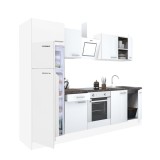 Mobilă de bucătărie Yorki 270, corp alb, față alb satinat, element cuptor inferior, frigider congelator superior