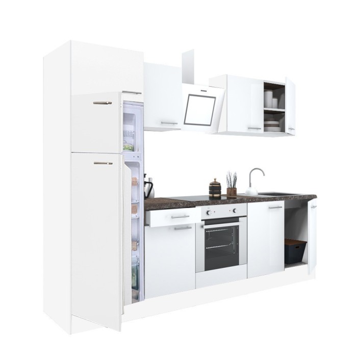 Mobilă de bucătărie Yorki 270, corp alb, față alb satinat, element cuptor inferior, frigider congelator superior