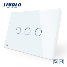 Intrerupator triplu cap scara/cruce wireless cu touch Livolo din sticla standard italian, Alb, VL-C903SR-81 foto