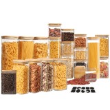 Set 20 Recipiente pătrate din sticlă borosilicată cu capac din bambus etanș Koken, pentru depozitarea alimentelor uscate și cerealelor