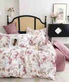 Cumpara ieftin Lenjerie pat dublu,bumbac finet,6 piese,cearceaf cu elastic,alba roz cu flori mari-A1480