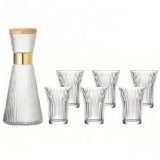 Carafa din sticla Pufo Special cu capac etans din bambus si 6 pahare striate- Set elegant pentru servire