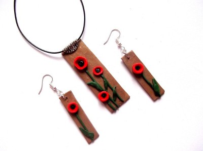 set colier si cercei din fimo cu maci 40764 foto