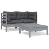 Gossi set mobilier de gradina cu perne, 3 piese, gri, lemn masiv pin