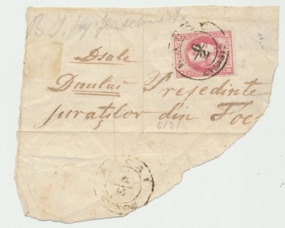 Romania 1868 Carol I cu favoriti 18 bani pe fragment de plic Bacau - Focsani foto