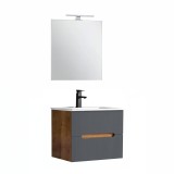 Trent mobilier de baie 60 cm chiuvetă ceramică (2 sertare) cu oglindă 60x80 cm stejar sunset-antracit gri