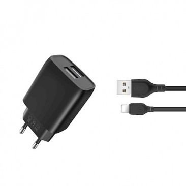 INCARCATOR RETEA USB CU CABLU DE DATE LIGHTING 8-PIN, XO-L57, 2 X USB, 2.4A, NEGRU, BLISTER foto