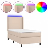 Cumpara ieftin Pat cu arcuri, cu saltea si LED cappuccino 90x190 cm, piele eco