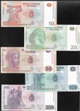 Set Congo 10 + 20 + 50 + 100 + 200 francs franci unc, Africa