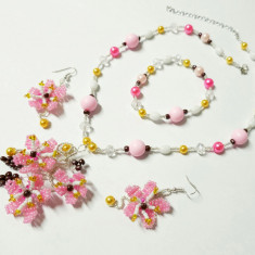 Set Flori de cires roz margele, pink cherry blossom, handmade unicat