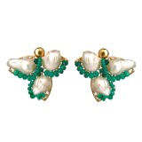Cumpara ieftin Cercei Argint 925 placat aur cu agat verde smarald fatetat si perle baroc. Bijuterii Made in Italy, 3.5 cm. Cutie cadou
