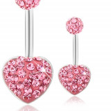 Piercing de buric din oțel, bilă și inimă, cristale roz &icirc;nchis strălucitoare