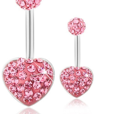 Piercing de buric din oțel, bilă și inimă, cristale roz &amp;icirc;nchis strălucitoare foto