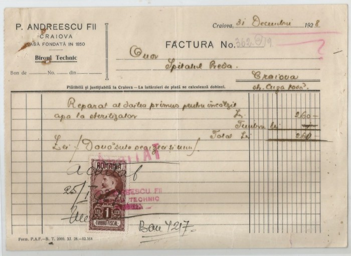 Romania, P. Andreescu Fii, Factura, Craiova, 1938