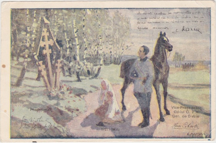 CP COPIL FEMEIE IN PORT POPULAR si SOLDAT IN FATA UNEI TROITE CU CITAT DIN REGINA MARIA SIBIU 1927