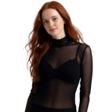 Cumpara ieftin Bluza Tip Maleta Slim Fit din Tull Elastic cu Buline și Detalii de Dantelă - Negru - S