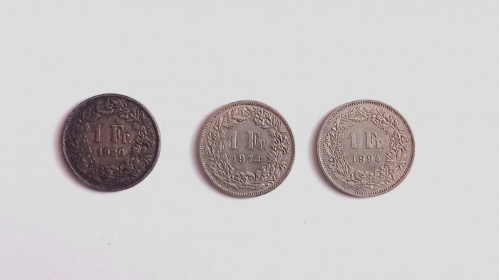 Elvetia 3 x 1 franc 1920 ( argint ) 1974 si 1994 ( cupru - nichel ) Helvetia