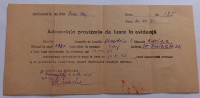 Adeverinta provizorie de luare in evidenta , 1952, Cluj foto