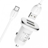 Incarcator Auto cu cablu USB Tip-C Borofone BZ12, 2 X USB, 2.4A, Alb