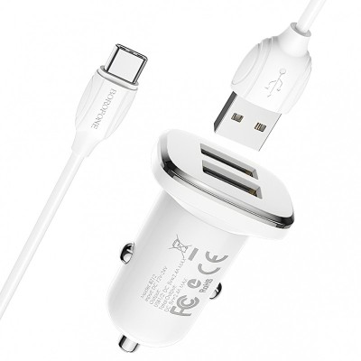 Incarcator Auto cu cablu USB Tip-C Borofone BZ12, 2 X USB, 2.4A, Alb foto