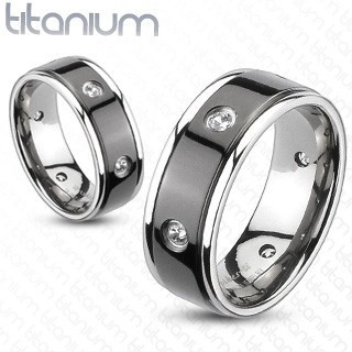 Inel din titan - dungă neagră, zircon &icirc;ncorporat - Marime inel: 49