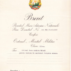 AMS# - BREVET ORDINUL MERITUL MILITAR CL. III, 1958