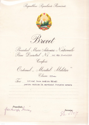 AMS# - BREVET ORDINUL MERITUL MILITAR CL. III, 1958 foto