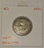 New Zealand, Noua Zeelanda, 1Shilling 1934, argint, George V, KM#3, Australia si Oceania
