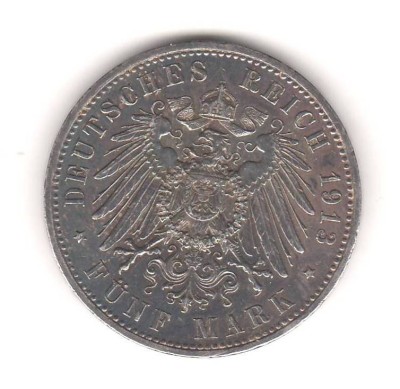 SV * Germania 5 MARK 1913 * ARGINT * Imparatul Wilhelm II * Prusia * AUNC foto