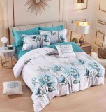 Cumpara ieftin Lenjerie pat dublu,bumbac finet,6 piese,cearceaf cu elastic,alba turcoaz cu flori-A895, Jojo Home