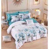 Lenjerie pat dublu,bumbac finet,6 piese,cearceaf cu elastic,alba turcoaz cu flori-A895