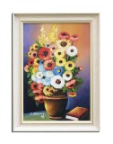 Tablou pictat manual inramat, Vaza cu anemone si carte, 60x45cm ulei panza, rama din lemn