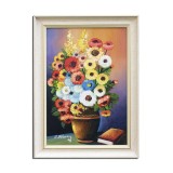 Tablou pictat manual inramat, Vaza cu anemone si carte, 60x45cm ulei panza, rama din lemn