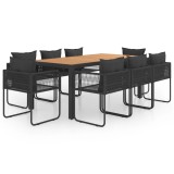 Set Mobilier Gradina vidaXL, 9 Piese, Ratan PVC, Negru/Maro, Masa WPC 184.5cm, Scaune cu Perne, Durabil &amp; Confortabil