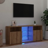 Gossi dulap tv cu led stejar artizanal 120x30x50 cm lemn prelucrat