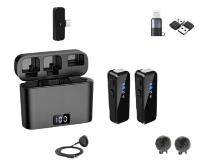 Set 2 Microfoane Lavaliera Type C, CRISTALIS SALE&amp;trade;, Wireless, Cu Accesorii Full, Reducere zgomot DSP, Afisaj Digital, Compatibil Cu iPhone, iPad, Andr foto