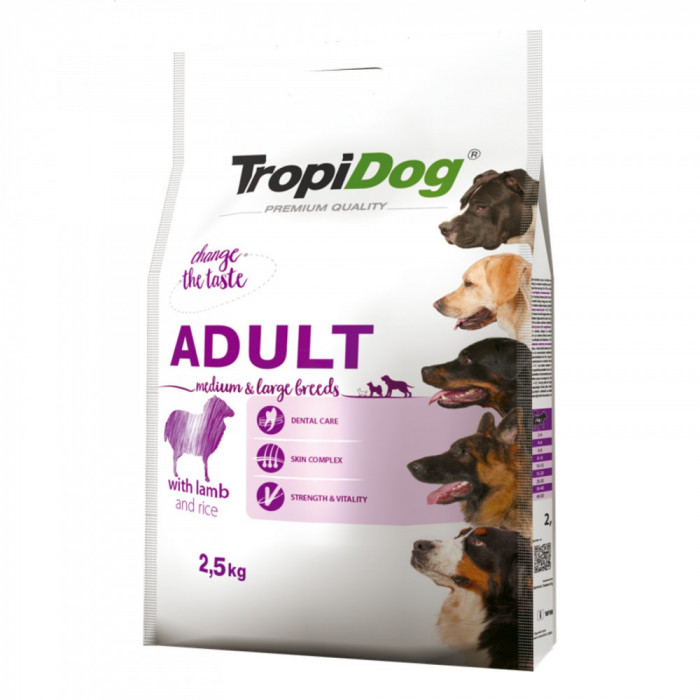 Hrana uscata pentru caini TropiDog, Premium Adult, tale medie si mare, miel &amp; orez, 2.5 kg AnimaPet MegaFood