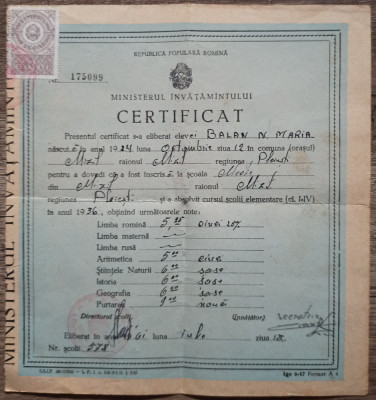 Certificat scolar, Ploiesti 1961 foto