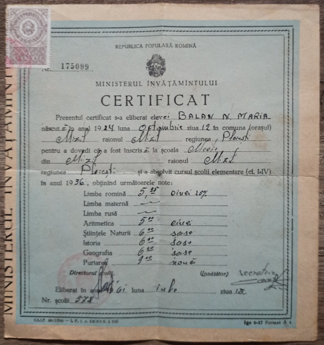 Certificat scolar, Ploiesti 1961