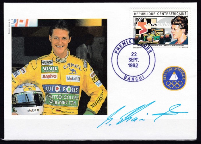 ✅1992 Rep.Centrafrica , &quot;Formula 1-Michael Schumacher &quot; FDC semnat Mi. 1463 ,MNH
