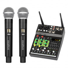 Mixer Audio profesional cu 2 Microfoane Wireless incluse, Exaltus®, Multifunctional, +48V Phantom Power, Ascultare in timp real, Bluetooth, USB, 4 can