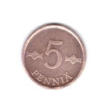 Moneda Finlanda 5 pennia 1974, stare foarte buna, curata