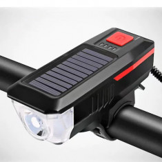 Lampa solara bicicleta, LED, Rezistenta la apa, Functie claxon, Negru