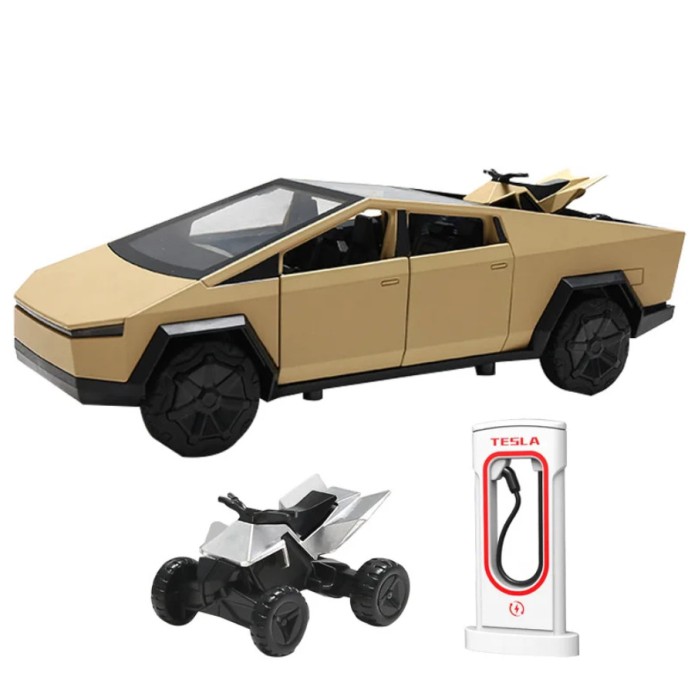 Masina metalica tip Tesla Cybertruck cu ATV, sunete realistice, Farurile si stopurile lumineaza, Usile, capota si portbagajul se deschid, 18,5x7x6cm.