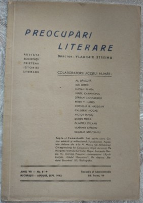 REVISTA PREOCUPARI LITERARE,Dir.VLADIMIR STREINU/nr.8-9/1942(L.Blaga/D.Stelaru+) foto