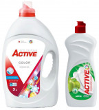 Detergent lichid pentru rufe colorate Active, 3 litri, 60 spalari + Detergent de vase lichid Active, 0.5 litri, mar